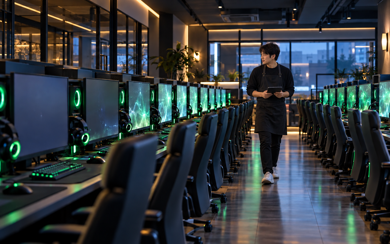 여러 대의 PC 상태를 점검하는 자연스러운 모습의 PC방 점주
