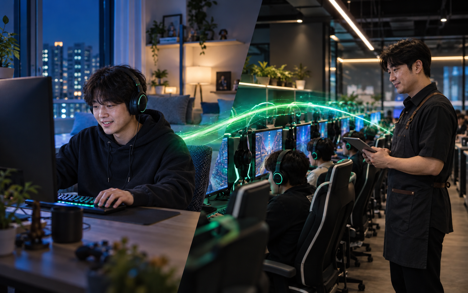 집에서 게임을 즐기는 이용자와 PC방을 관리하는 점주의 자연스러운 모습